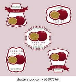 Abstract vector illustration logo whole ripe exotic passion fruit, cut half sliced. Passion Fruit pattern consisting of label natural, icon sweet food. Eat fresh raw organic passions fruits on health.