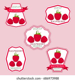 Abstract vector illustration logo for whole ripe red berry raspberry with green stem leaf, cut slice. Raspberry pattern consisting of label fruits, icon ripe sweet food. Eat fresh berries raspberries.