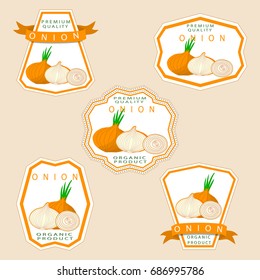 Abstract vector illustration logo for whole ripe vegetable round onion,green stem,cut sliced,background.Onion pattern consisting of label vegetables ripe sweet food.Eat fresh golden onions for health.