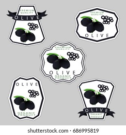 Abstract vector illustration logo for whole ripe berry blue olive with green leaf, cut sliced, product oil closeup. Olive pattern consisting of tag label, branch ripe food. Eat fresh olives for oils.