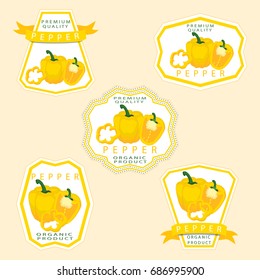 Abstract vector illustration logo whole ripe vegetables pepper green stem leaf, cut sliced on background.Pepper pattern consisting of tag label fruits, pip ripe sweet food.Eat fresh Bulgarian peppers.