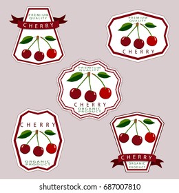 Abstract vector illustration of logo for whole ripe fruit red cherry with green leaf,cut sliced,natural berry,background. Cherry pattern consisting of tag,label,ripe food.Cherries berries fresh juicy.