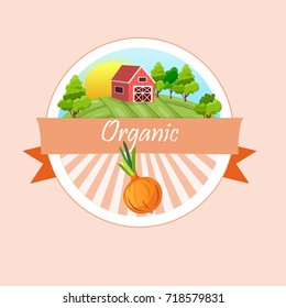 Abstract vector illustration logo for whole and slice ripe vegetable round onion,. Onion pattern on label vegetables ripe sweet food. Farm on green grass