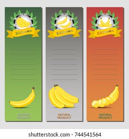 Abstract vector illustration logo for whole ripe fruit yellow banana, long stem, cut sliced background. Banana pattern consisting of label peel fruits,pip ripe sweet food. Eat fresh bananas on health.