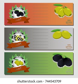 Abstract vector illustration logo for whole ripe berry blue olive with green leaf, cut sliced, product oil closeup. Olive pattern consisting of tag label, branch ripe food. Eat fresh olives for oils.
