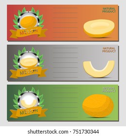 Abstract vector illustration logo for whole ripe fruit yellow melon, cut half sliced cantaloupe on background. Melon pattern consisting of label natural sweet food. Eat fresh raw organic fruits melons