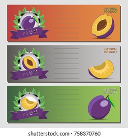 Abstract vector illustration logo for whole ripe fruit purple plum with green stem leaf, cut sliced,background. Plum pattern consisting of icon label, peel fruits, pip ripe sweet food.Eat fresh plums.