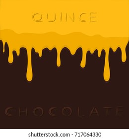 Abstract vector illustration logo yellow berry quince dripping on brown chocolate. Quince pattern consisting of dark tasty sweet liquid, splashing apple. Eat chocolates, quinces on health.