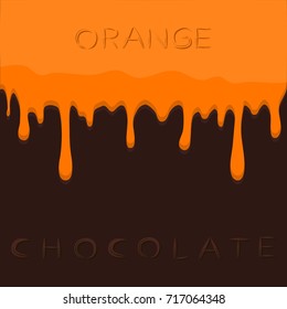 Abstract vector illustration logo yellow fruit orange dripping on brown chocolate, vitamin c. Orange pattern consisting of dark tasty sweet liquid, splashing fruit. Eat chocolates, oranges on health.