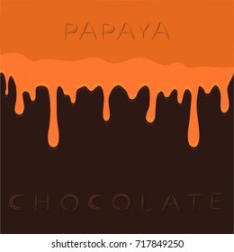 Abstract vector illustration logo yellow fruit papaya dripping on brown chocolate, background. Papaya pattern consisting of dark tasty sweet liquid, splashing pawpaw. Eat chocolates,papayas on health.