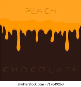 Abstract vector illustration logo yellow fruit peach dripping on brown chocolate, background. Peach pattern consisting of dark tasty sweet liquid, splashing nectarine.Eat chocolates,peaches on health.