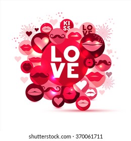 Abstract vector illustration of love symbols in red and rose circles.