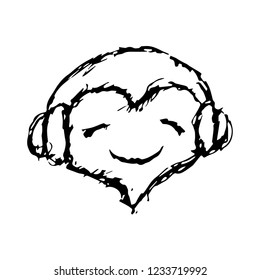 Abstract vector illustration of love toward music with hand drawn heart listening music in headphones.