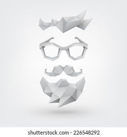 Abstract vector Illustration, low poly style. Hipster concept with hair, glasses, mustache and beard. Background for banner, poster, flyer, card, postcard, invitation, cover, brochure. Logo design.