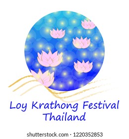 Abstract vector illustration of Loy Krathong Festival in Thailand with pink lotus floats in river at night time filled with candle lights. Biddhism related celebration in November.