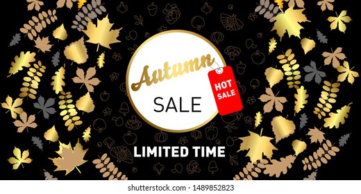 Abstract vector illustration.  Luxurious advertising banner with golden season falling leaves.