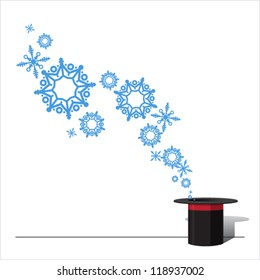 Abstract vector illustration of magic hat and snowflakes.