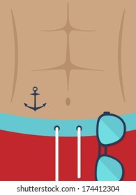 abstract vector illustration of a male torso with a anchor tattoo in swimming trunks and sunglasses in flat design