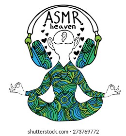 Abstract vector illustration of a man with headphones in zentangle style. Black outline. ASMR heaven logo. Can be used as CD cover, print etc.