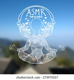 Abstract vector illustration of a man with headphones in zentangle style. Blurred background with sky and mountains. White outline. ASMR heaven logo. Can be used as CD cover, print etc.