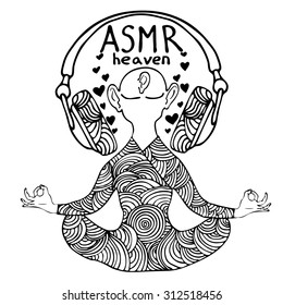 Abstract vector illustration of a man with headphones in zentangle style. Black outline. Isolated on white background. ASMR heaven logo. Can be used as CD cover, print etc.