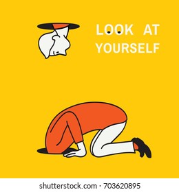 Abstract vector illustration of man kneel down and looking at a hole to look after something but find himself to look at his own body, concept of look at yourself. Hand drawn sketching, linear, style.