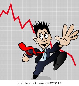 Abstract vector illustration of a man running from a downward graph