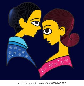 Abstract Vector Illustration of a Man and Woman in a Traditional Style with Vibrant Colors and Patterned Details – Perfect for Modern Art, Relationship Themes, and Creative Design Projects