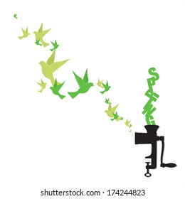 Abstract vector illustration of meat-grinder and birds.