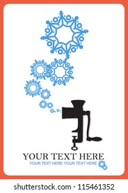 Abstract vector illustration of meat-grinder and snowflakes.