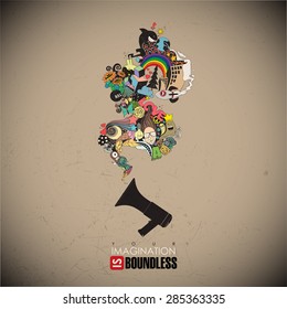 Abstract vector illustration with megaphone and magic smoke.