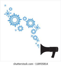 Abstract vector illustration of megaphone and snowflakes.