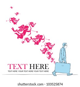 Abstract vector illustration of a men with travel bag and cupids.