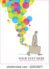 Abstract vector illustration of a men with travel bag and balloons.