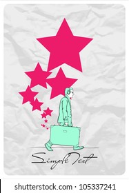 Abstract vector illustration of a men with travel bag and stars