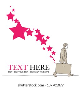Abstract vector illustration of a men with travel bag and stars