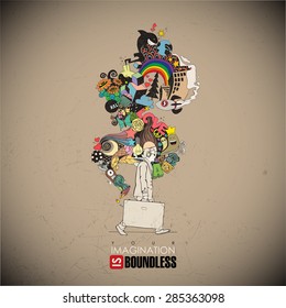 Abstract vector illustration with men with travel bag and magic smoke.