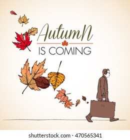 Abstract vector illustration of men with travel bag and leaves.