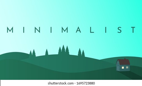 Abstract vector illustration. Minimalist futuristic landscape. Natural scene. Gradient color design. Flat concept. Website or game template. Alone house in meadow near trees. Green forest. Clear sky