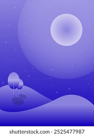 Ilustración vectorial Abstractas. Afiche de paisaje minimalista con luna, colinas y árbol solitario.
Estampados, decoración, Web, Diseño gráfico.
