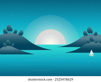 Abstract vector illustration. Minimalist landscape poster with sea, moon, hills and lonely ship.
Prints, decoration, web, graphic design.