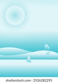 Ilustración vectorial Abstractas. Afiche de paisaje minimalista con mar, luna, colinas y barco solitario.
Estampados, decoración, Web, Diseño gráfico.