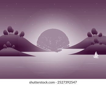 Abstract vector illustration. Minimalist landscape poster with sea, moon, hills and lonely ship.
Prints, decoration, web, graphic design.