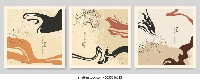Abstract vector illustration. Minimalist shapes. Linear curved pattern. Design for web banner, social media template. Grunge style drawn background. Vintage concept. Earth tone colors. Paint splash