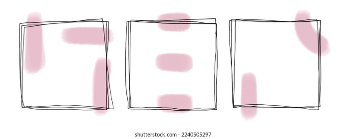 Abstract vector illustration. Minimalistic composition of three squares handdrawn in one line with pink pastel watercolor stains. Brush stroke. Line art. Black thin line. Social media post template