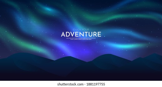Abstract vector illustration. Minimalistic concept. Night sky with aurora borealis. Realistic landscape. Dark wallpapers. Template for website. Dark background with lights. Mountain silhouette