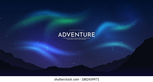 Abstract vector illustration. Minimalistic concept. Night sky with aurora borealis. Realistic landscape. Dark wallpapers. Template for website. Dark background with lights. Mountain silhouette