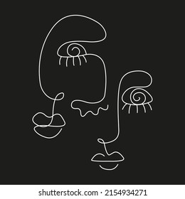 Abstract vector illustration minimalistic line faces. Black and white. Black background. One line drawing.