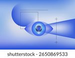 Abstract vector illustration in modern gradient style: a blue eye with spheres, rectangles, and lines on a soft blue background. Futuristic digital-art. Vision and tech theme.