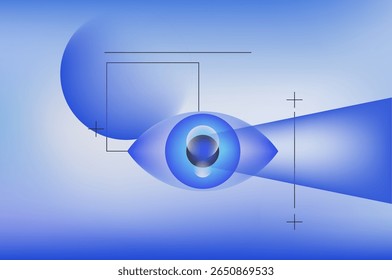 Abstract vector illustration in modern gradient style: a blue eye with spheres, rectangles, and lines on a soft blue background. Futuristic digital-art. Vision and tech theme.